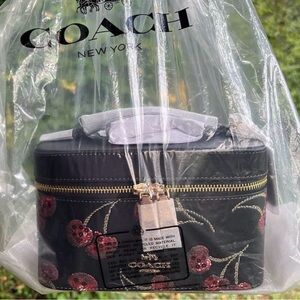 COACH Black Leather Cosmetic/Makeup Case w Sequin Cherry Print CDC13 AUTHENTIC